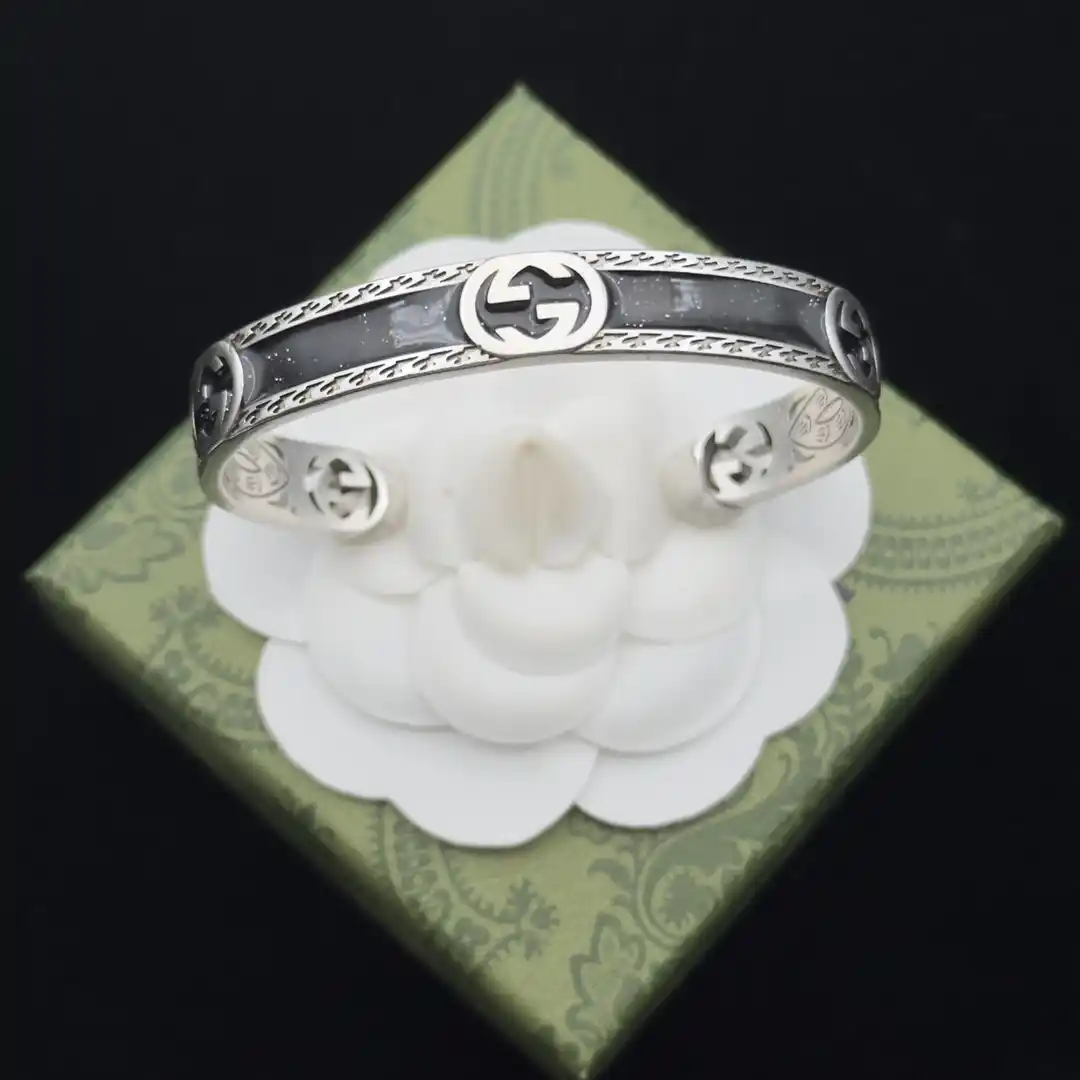 18k White gold plated GG bangle with black middle stripe and gg logos slip on
