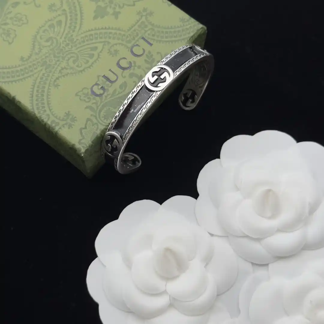 18k White gold plated GG bangle with black middle stripe and gg logos slip on - Image 2