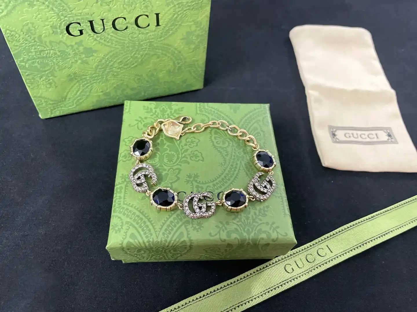 18k Yellow gold plated GG bracelet with big stone and stones on logo - Image 3