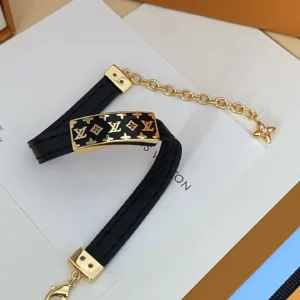 18k Yellow gold plated LV black strap with lv disk ande loop links
