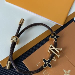 18k Yellow gold plated LV black and brown rope bracelet with flowers and gold charm
