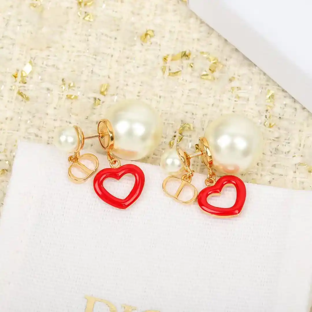 18k Yellow gold plated CD drop earrings with read heart and pearls
