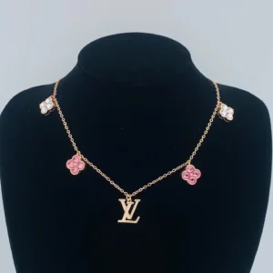 18k Yellow White or Rose gold LV necklace with white and pink clovers and logo in the centre