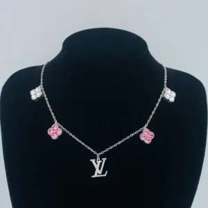 Alternative view of 18k Yellow White or Rose gold LV necklace with white and pink clovers and logo in the centre