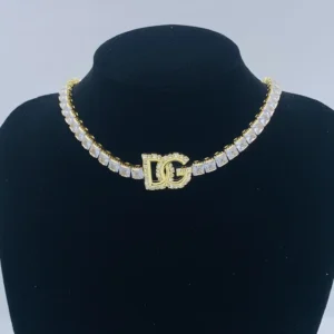 18k Yellow or White gold plated DG tennis necklace with logo in the middle as pendant