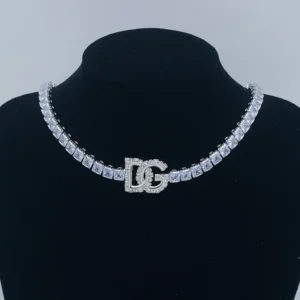 Alternative view of 18k Yellow or White gold plated DG tennis necklace with logo in the middle as pendant