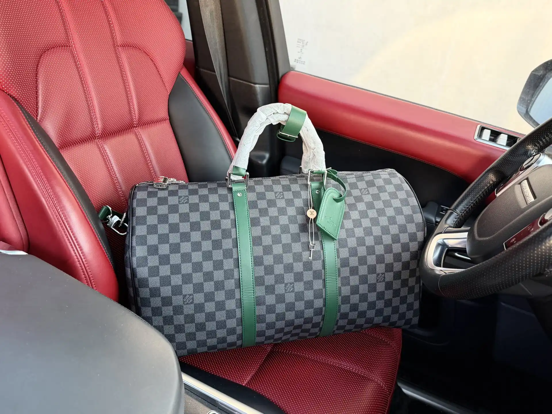 LV Travel Big Gray luggage bag with green leather stripes - Image 3
