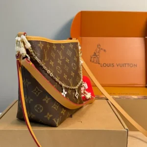 Alternative view of LV Brown Triangle bag with White Logo charms